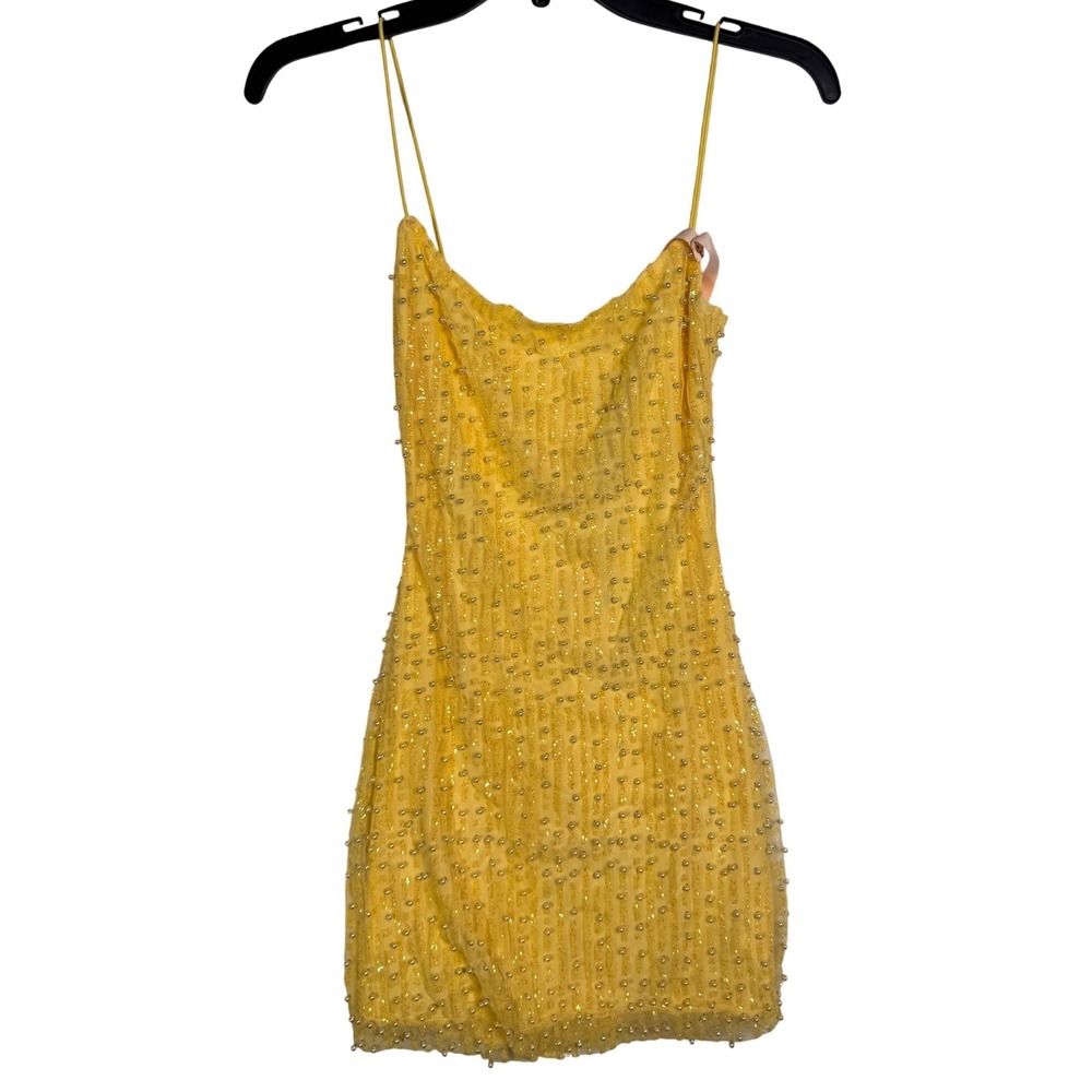 Oh Polly Yellow Pearl Sequin Mesh Mini Dress Spaghetti Strap Bodycon US 2 new - Picture 4 of 9